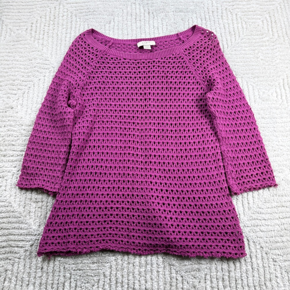 LOFT Open Knit Sweater Women's Small Magenta Pink Crochet Coastal Grandmother